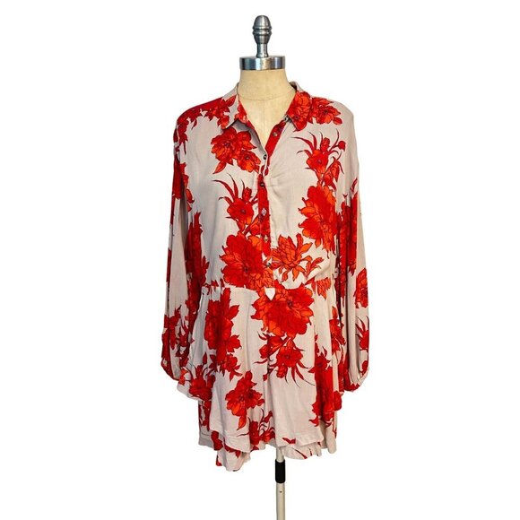 FREE PEOPLE Shake It Printed Sand Long Sleeve Mini Tunic Dress size small - Picture 5 of 9